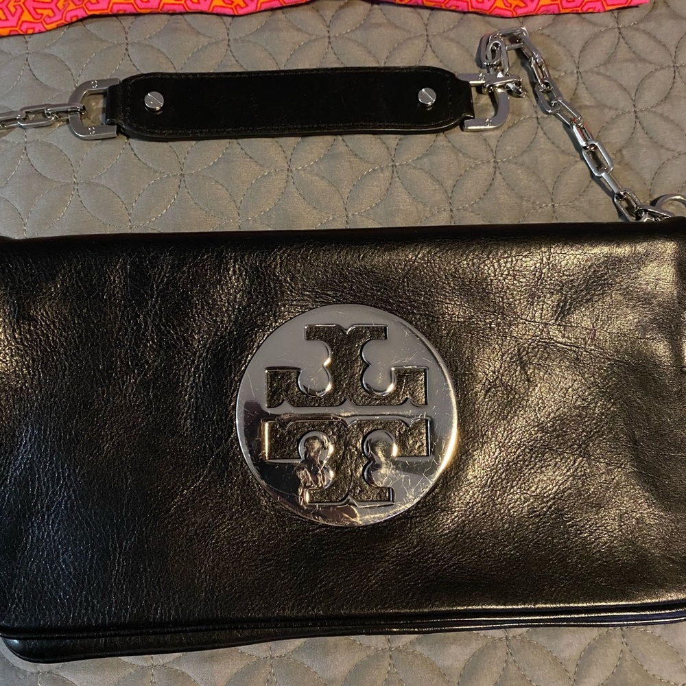 Original Tory Burch Black Leather Silver Plate Clutch Bag with silver chain